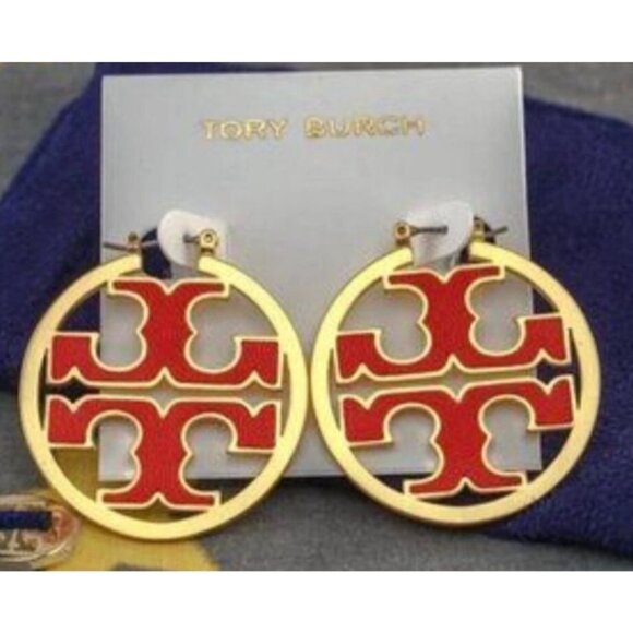 Authentic Tory Burch Miller Hoops in Red and Gold - Picture 3 of 5